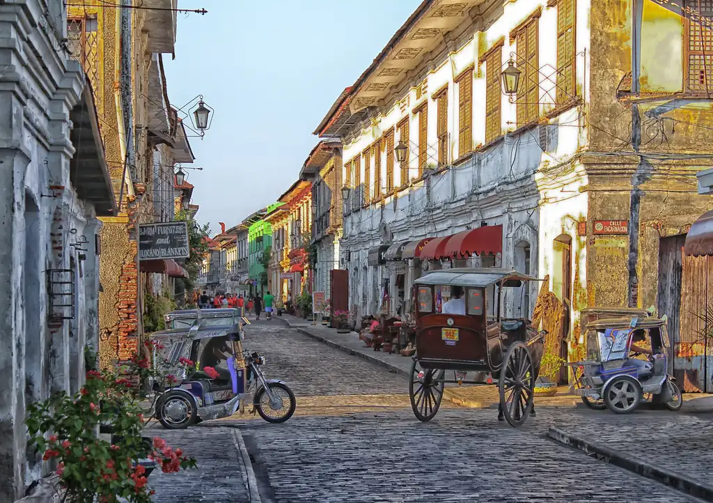 Cobblestoned Calle Crisologo in Vigan, lined with Spanish-era houses