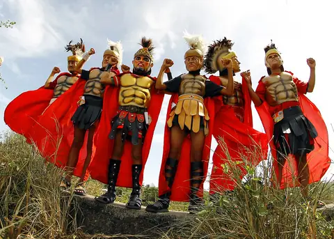 Moriones in painted Roman-soldier masks, Marinduque