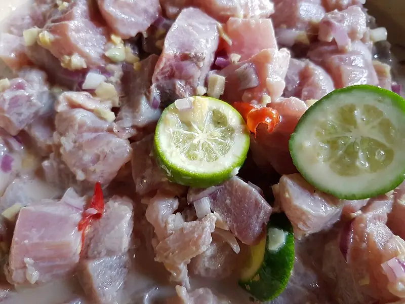 Kinilaw: raw fish in vinegar and citrus with cucumber and chili